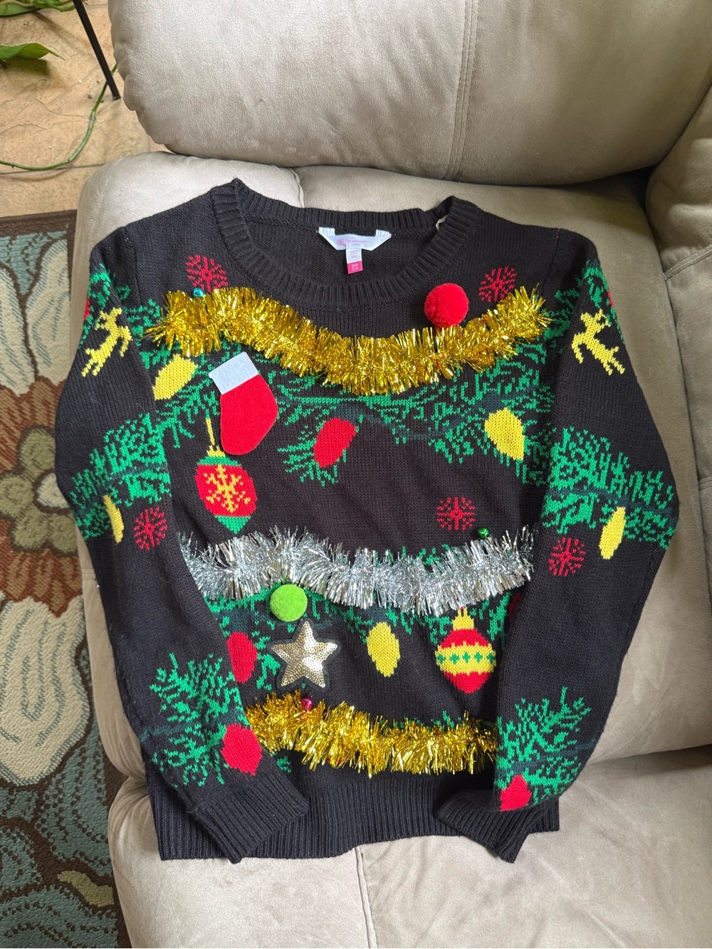 No Boundaries Holiday Tinsel Crewneck Sweater with Pom & Tinsel